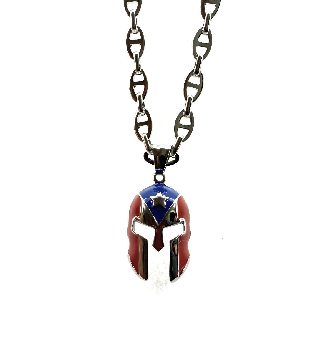 Puerto Rican Spartan Helmet Pendant Necklace, Boricua Pride, 24 Inch Chain