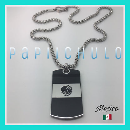 Mexican Flag Pendant and Stainless Steel Box Chain Set
